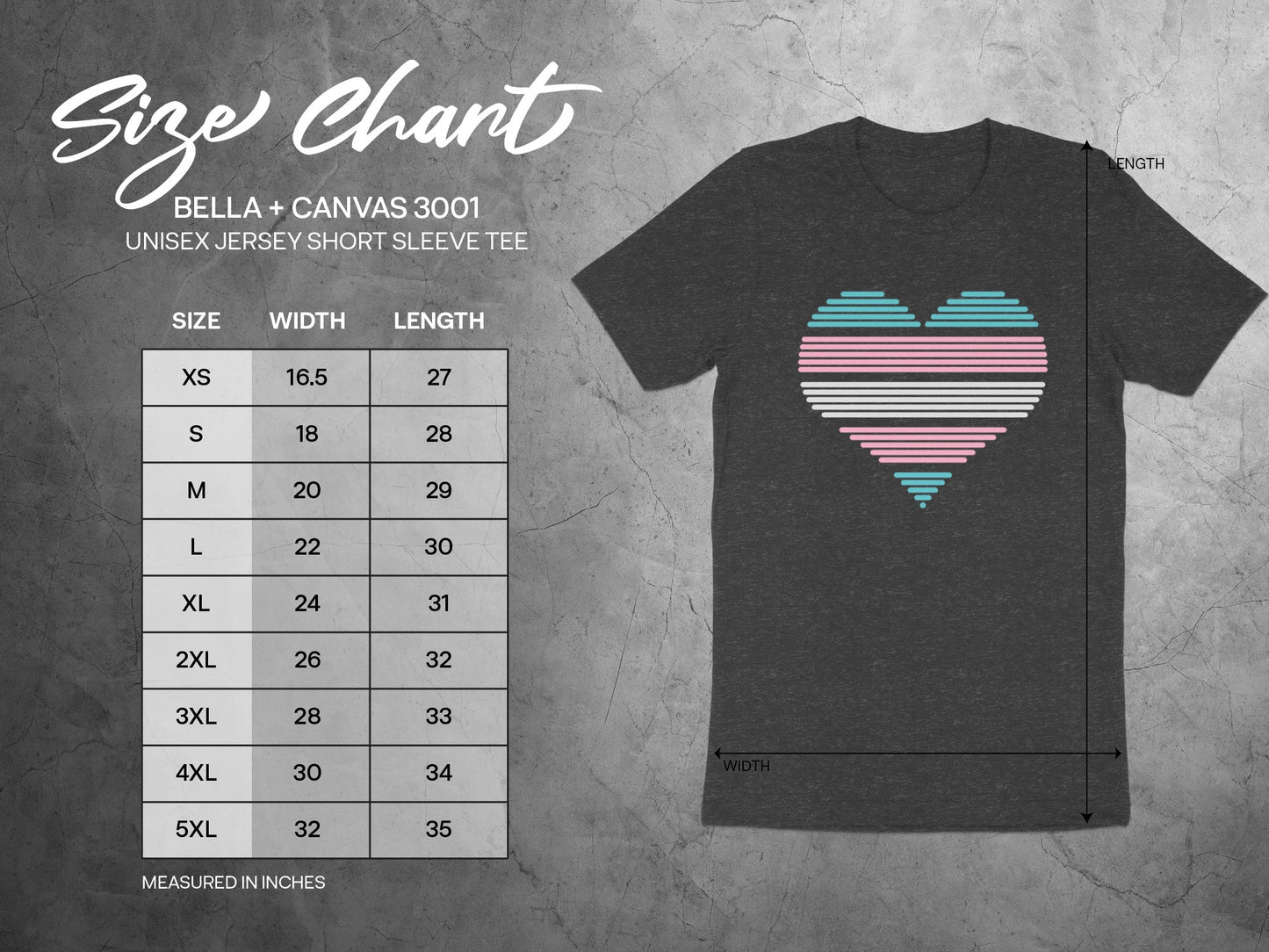 Bella + Canvas 3001 unisex t-shirt size chart with measurements in inches.