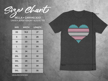 Bella + Canvas 3001 unisex t-shirt size chart with measurements in inches.