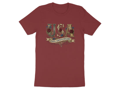 Burgundy t-shirt with "USA 250th Anniversary" text and floral accents.