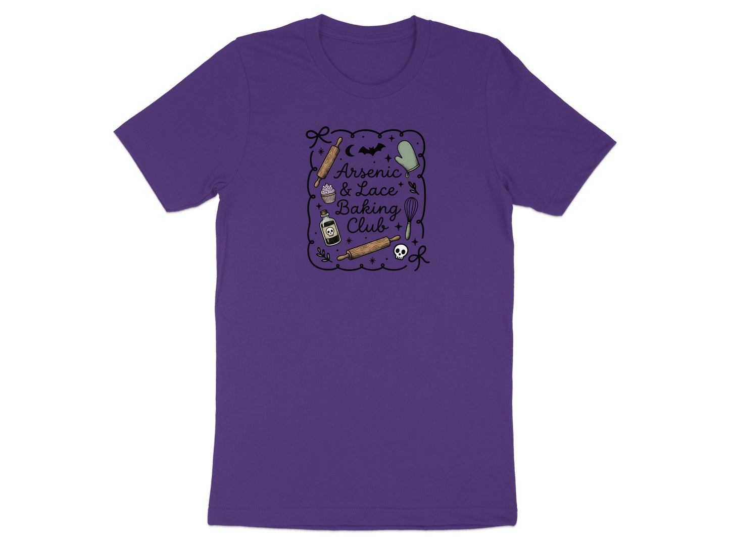 Purple t-shirt with "Arsenic & Lace Baking Club" text and baking/gothic graphics.