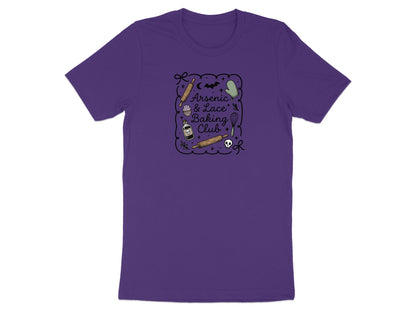 Purple t-shirt with "Arsenic & Lace Baking Club" text and baking/gothic graphics.