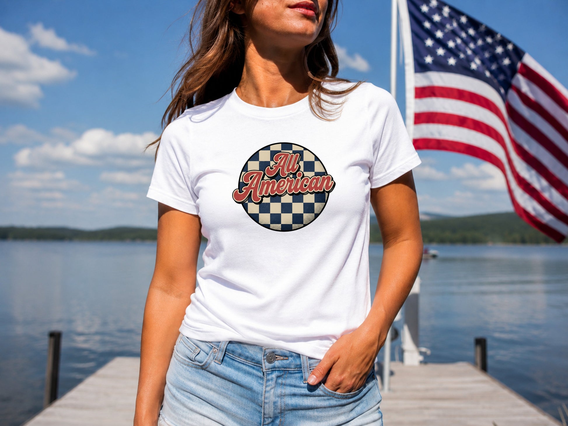 White t-shirt with circular "All American" logo featuring a checkered pattern.