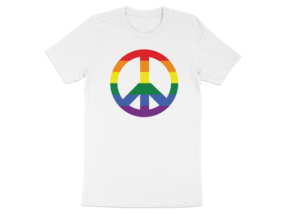 White t-shirt with a rainbow peace sign graphic.