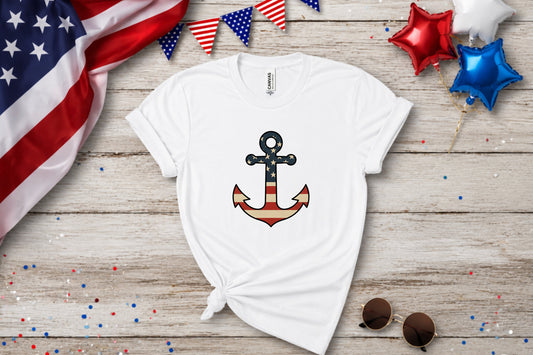 White t-shirt with an American flag anchor graphic, red, white, and blue bunting, and star balloons.