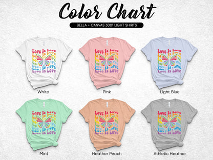 Bella + Canvas 3001 color chart showing six t-shirt colors with "Love Is Love" graphic.