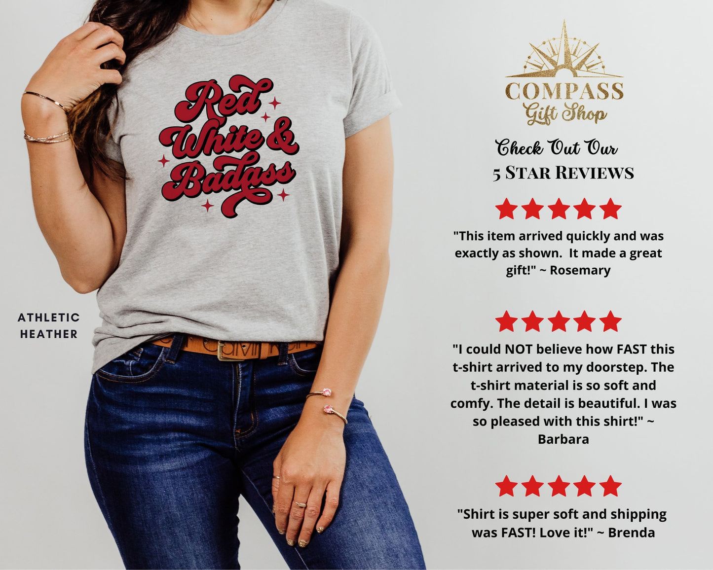 Heather gray t-shirt with "Red White & Badass" text and customer reviews.
