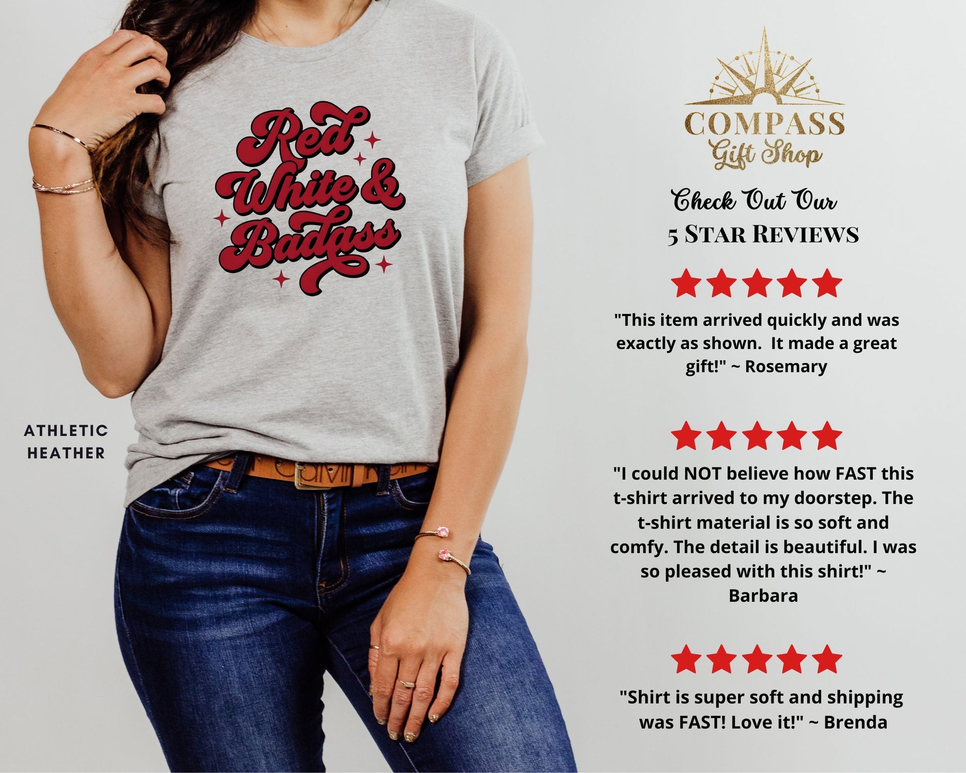 Heather gray t-shirt with "Red White & Badass" text and customer reviews.