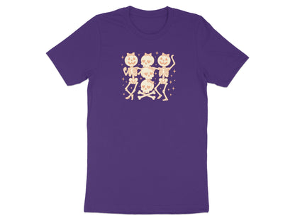 Purple t-shirt with a graphic of three dancing skeletons and crossed bones.