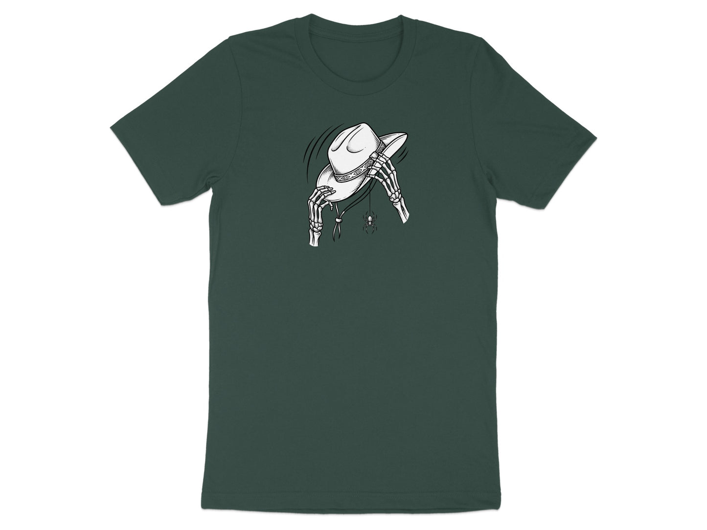 Skeleton hands hold a cowboy hat while a spider hangs from a string.