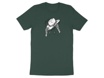 Skeleton hands hold a cowboy hat while a spider hangs from a string.