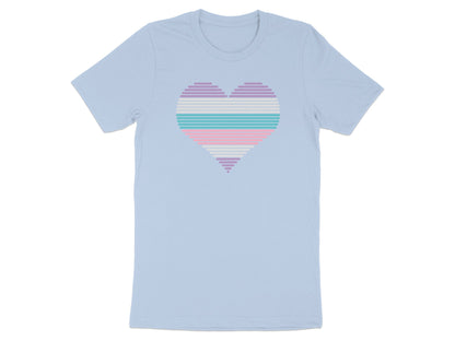Light blue t-shirt with a horizontally striped heart in pastel pink, teal, and white.