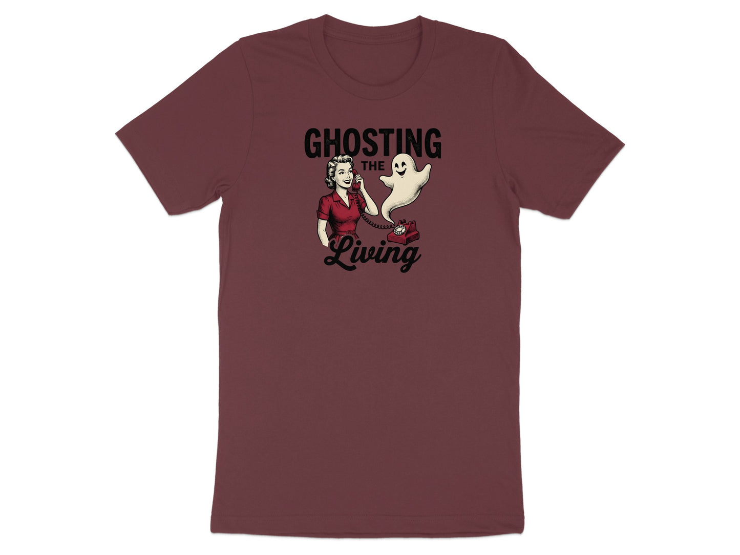 Ghosting the Living text with retro woman on phone and ghost motif.