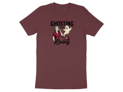 Ghosting the Living text with retro woman on phone and ghost motif.