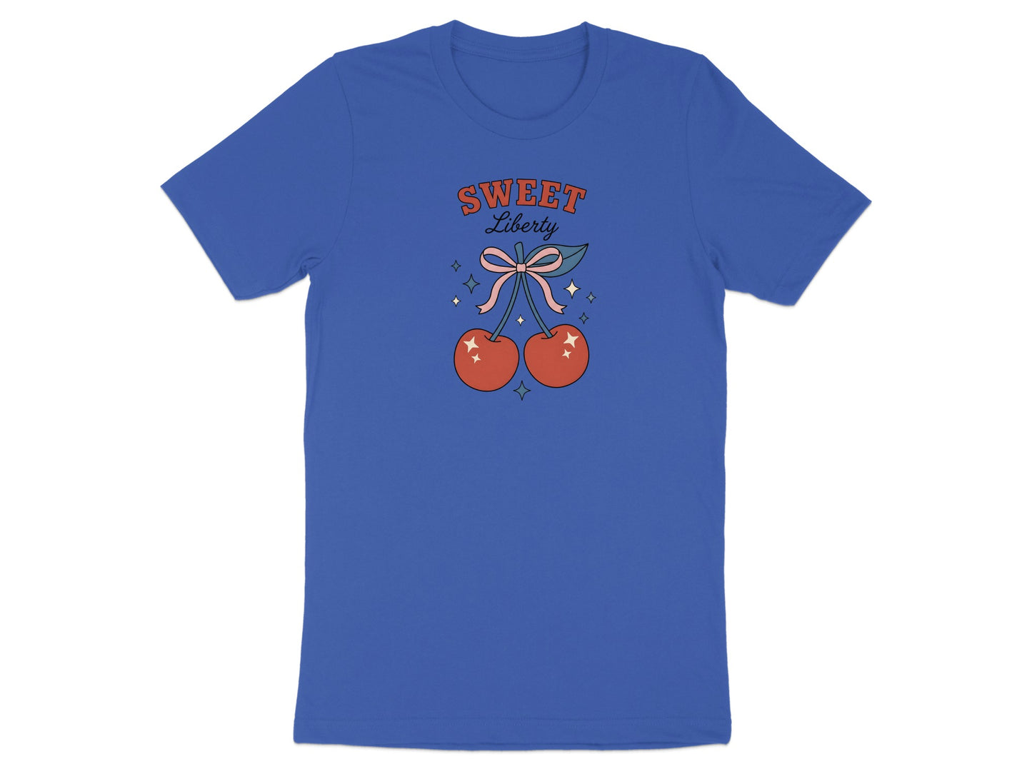 Blue t-shirt with "SWEET LIBERTY" text and two cherries with a bow.