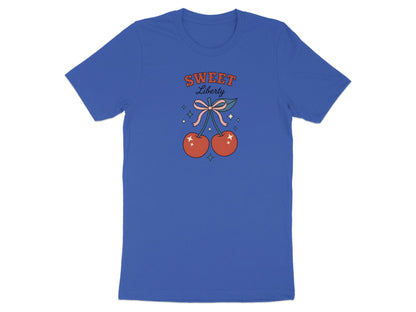 Blue t-shirt with "SWEET LIBERTY" text and two cherries with a bow.