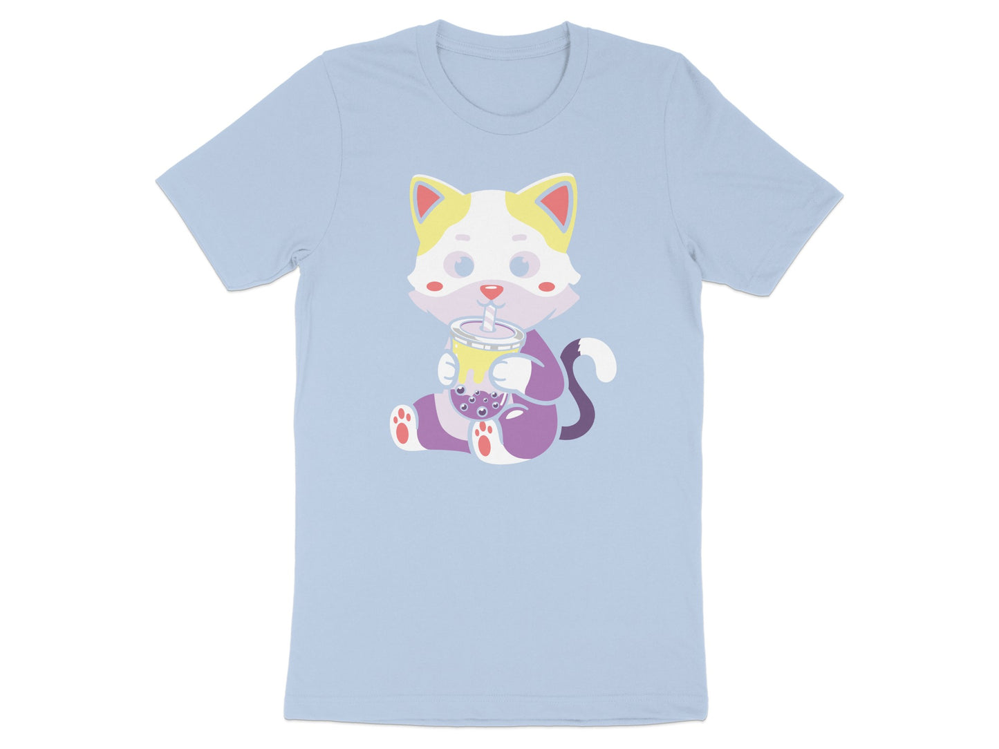 Light blue t-shirt with a cartoon cat drinking bubble tea.