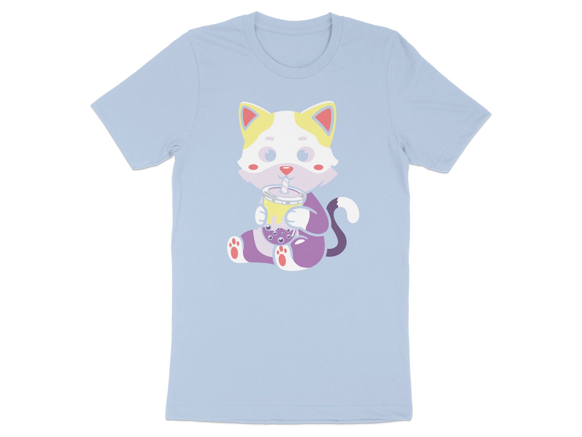 Light blue t-shirt with a cartoon cat drinking bubble tea.