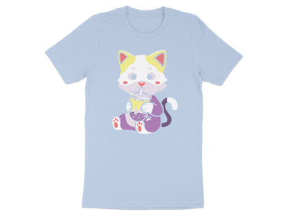 Light blue t-shirt with a cartoon cat drinking bubble tea.