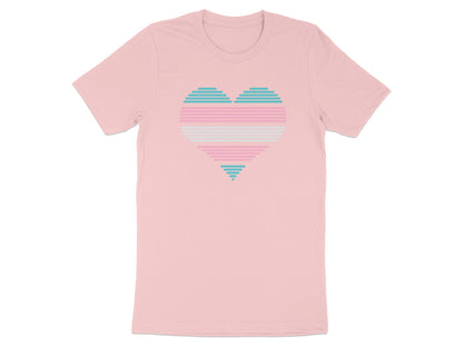 Pink t-shirt with a striped heart in transgender flag colors.