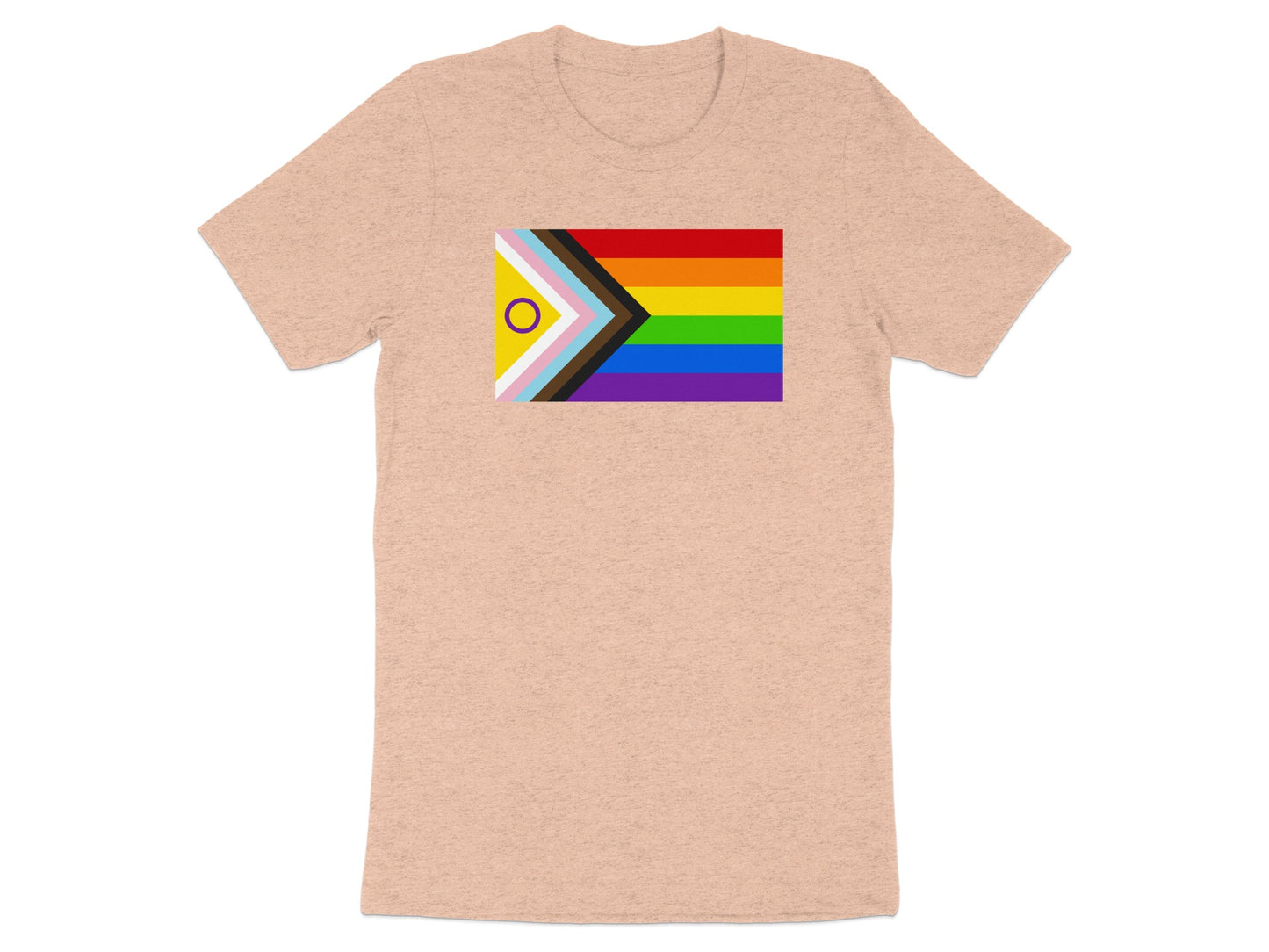 T-shirt with Progress Pride flag design on front.