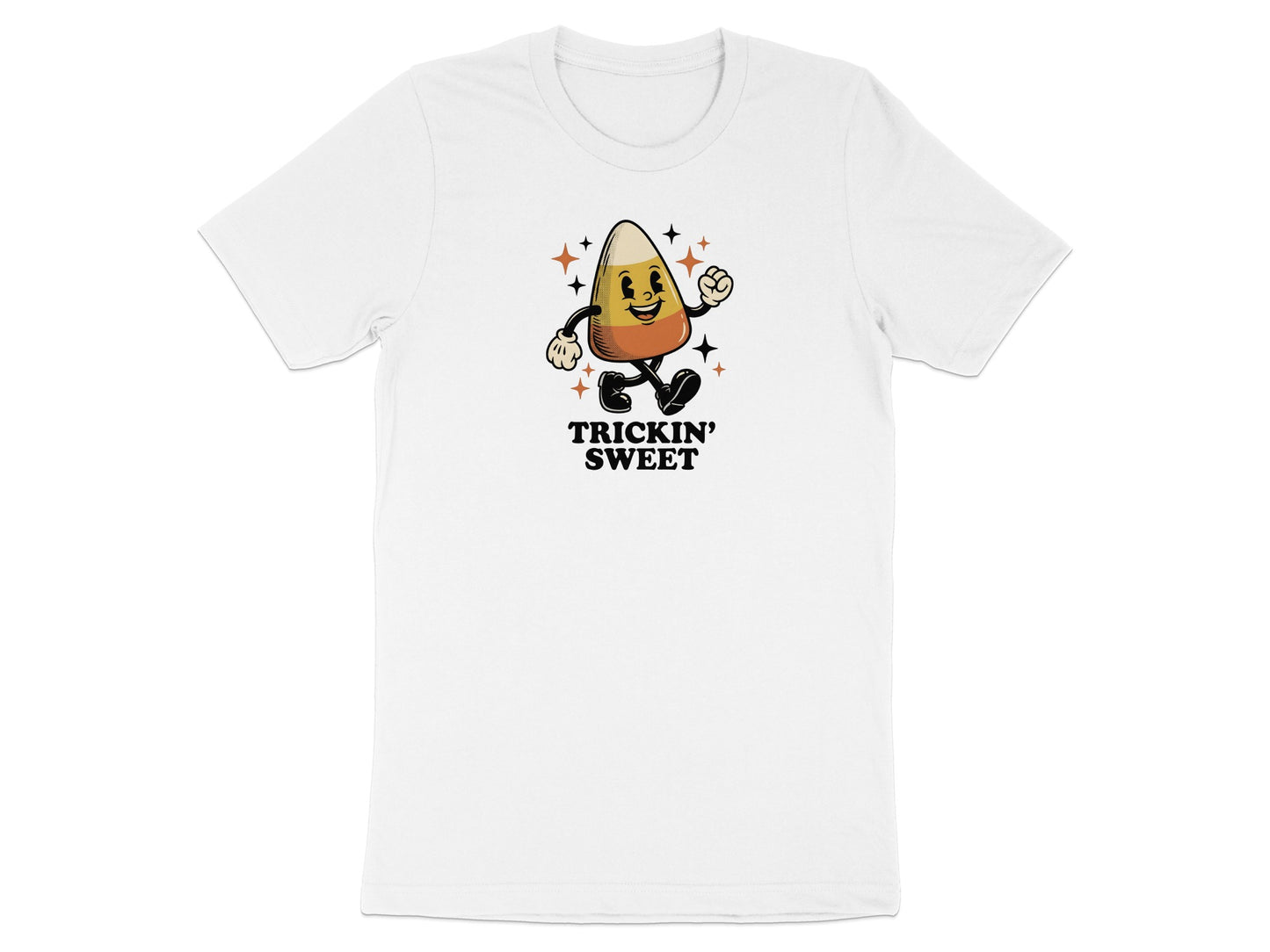 White t-shirt with retro candy corn character saying "Trickin' Sweet".