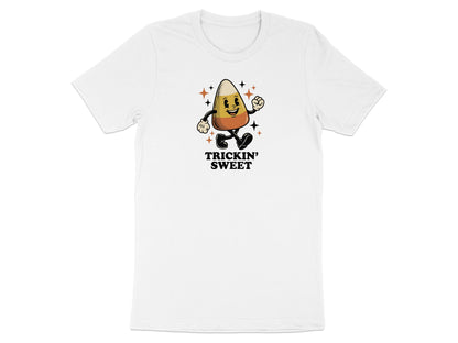 White t-shirt with retro candy corn character saying "Trickin' Sweet".
