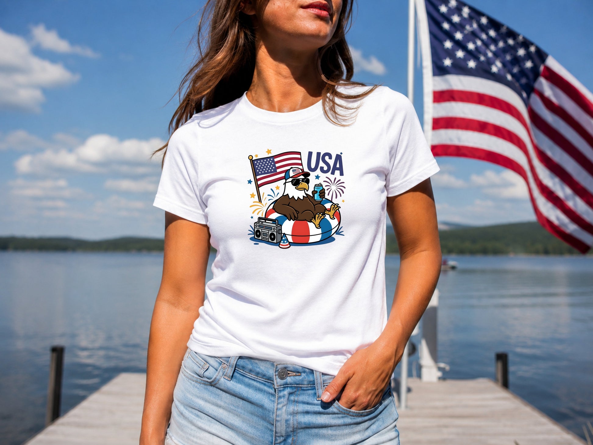 Woman wearing white t-shirt with patriotic eagle graphic and USA text.