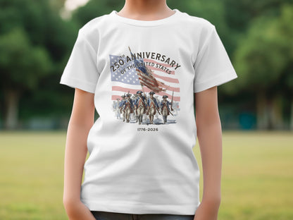T-shirt with illustration of marching soldiers and "250th Anniversary of the United States 1776-2026".