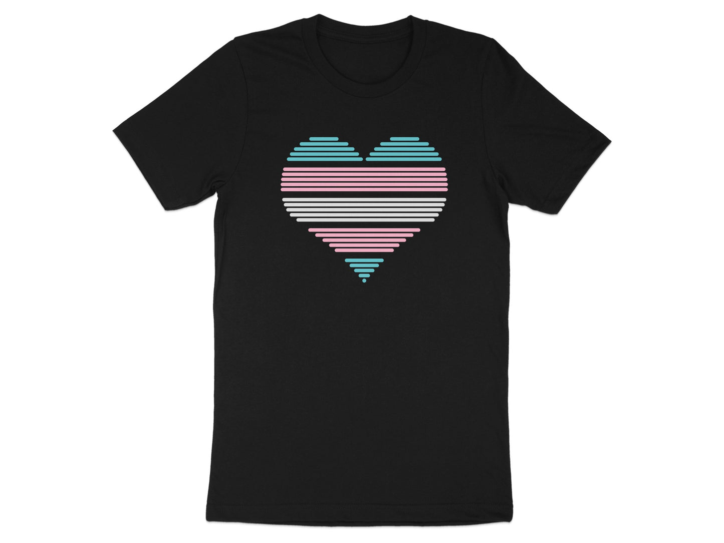 Black t-shirt with a stylized heart in transgender flag colors.