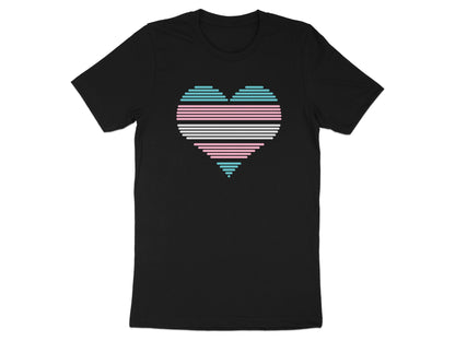 Black t-shirt with a stylized heart in transgender flag colors.