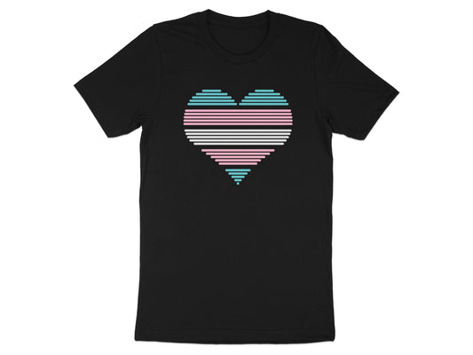 Black t-shirt with a stylized heart in transgender flag colors.
