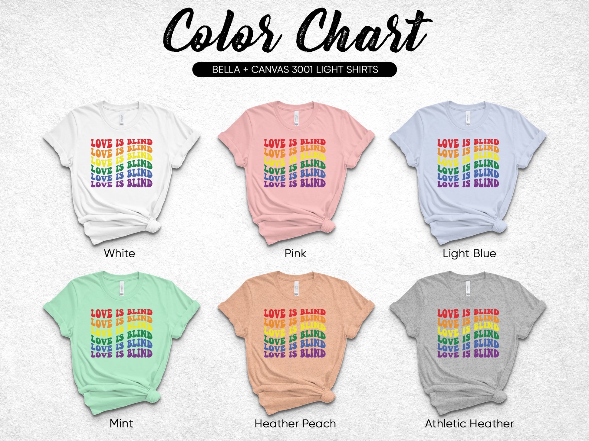 Six t-shirt color swatches: White, Pink, Light Blue, Mint, Heather Peach, and Athletic Heather.