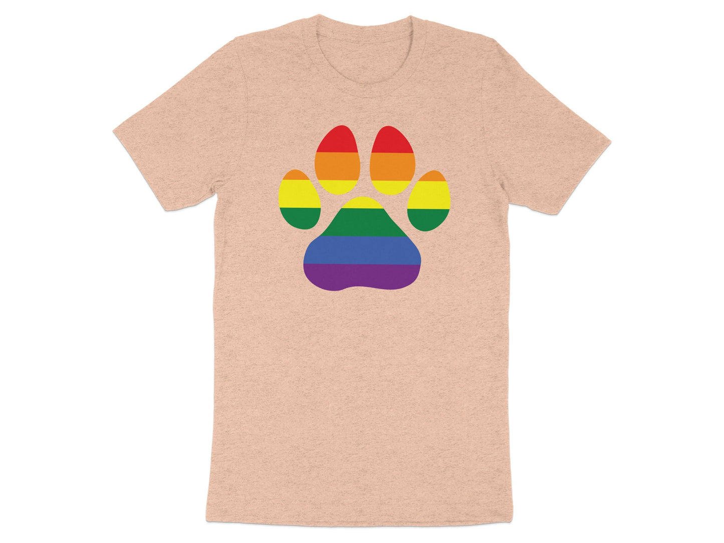 Peach t-shirt with a rainbow paw print graphic.