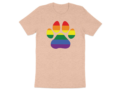 Peach t-shirt with a rainbow paw print graphic.