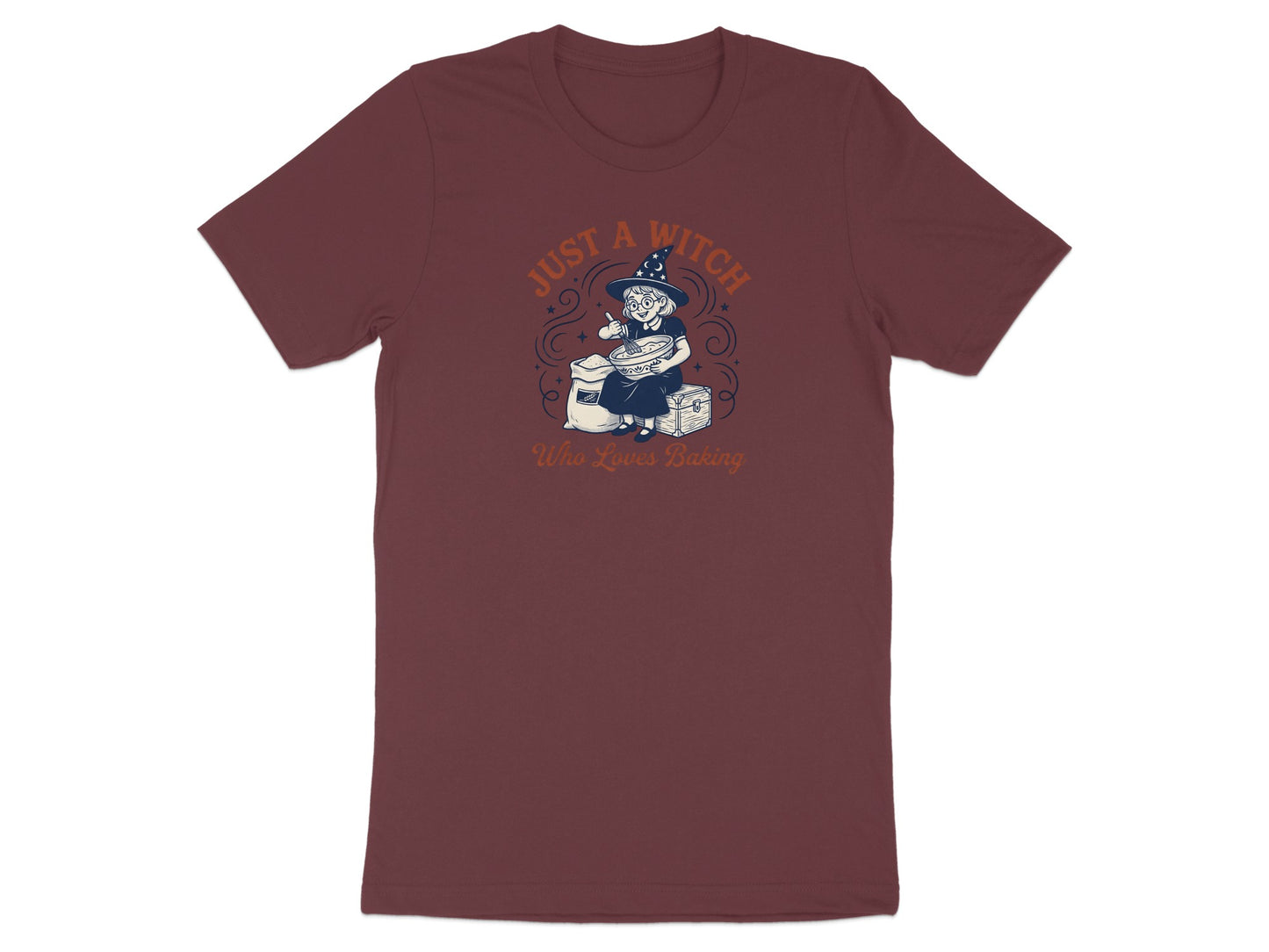 T-shirt with graphic of a witch baking, text reads "Just A Witch Who Loves Baking".