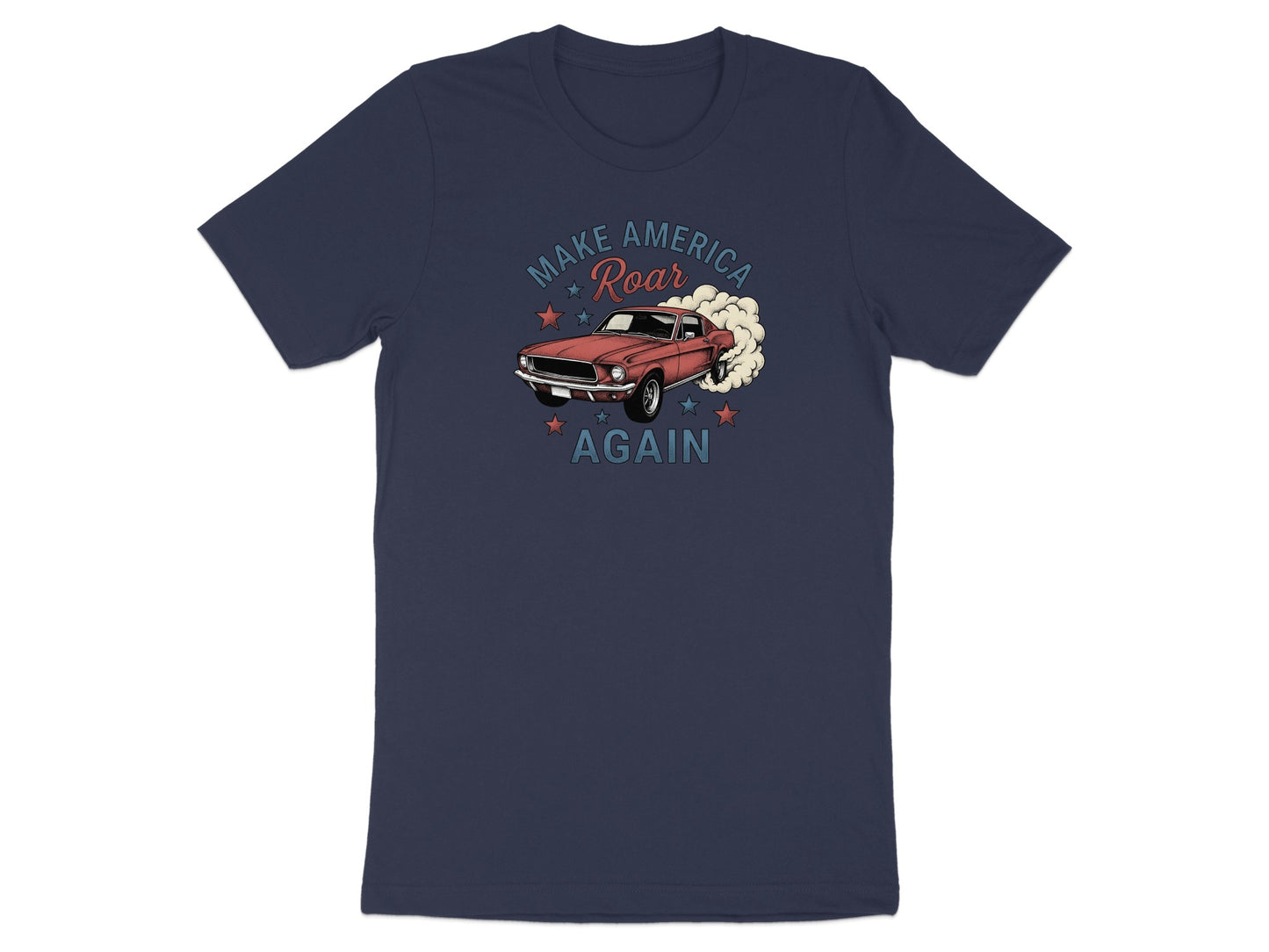 Dark blue t-shirt with "Make America Roar Again" text and a vintage red car.