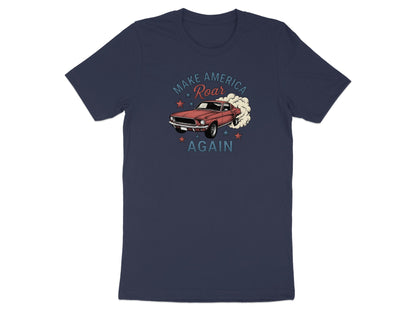Dark blue t-shirt with "Make America Roar Again" text and a vintage red car.