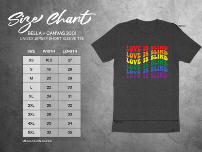 Size chart for Bella + Canvas 3001 unisex t-shirt with measurements.