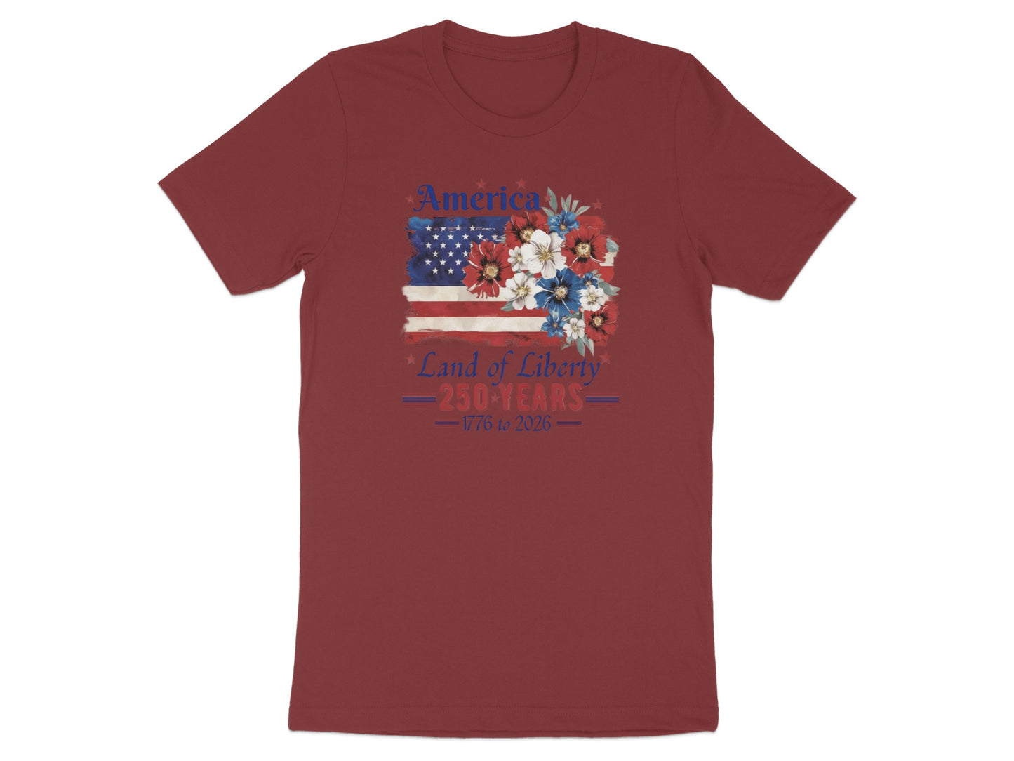 Burgundy t-shirt with American flag and floral design, "America 250 Years 1776 to 2026".