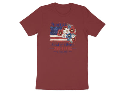 Burgundy t-shirt with American flag and floral design, "America 250 Years 1776 to 2026".