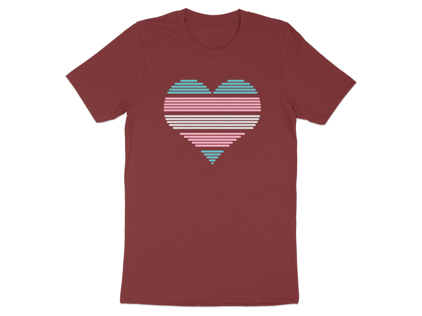 Burgundy t-shirt with a stylized heart made of horizontal lines in pink, blue, and white.