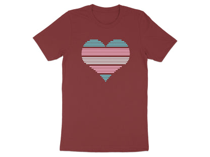 Burgundy t-shirt with a stylized heart made of horizontal lines in pink, blue, and white.