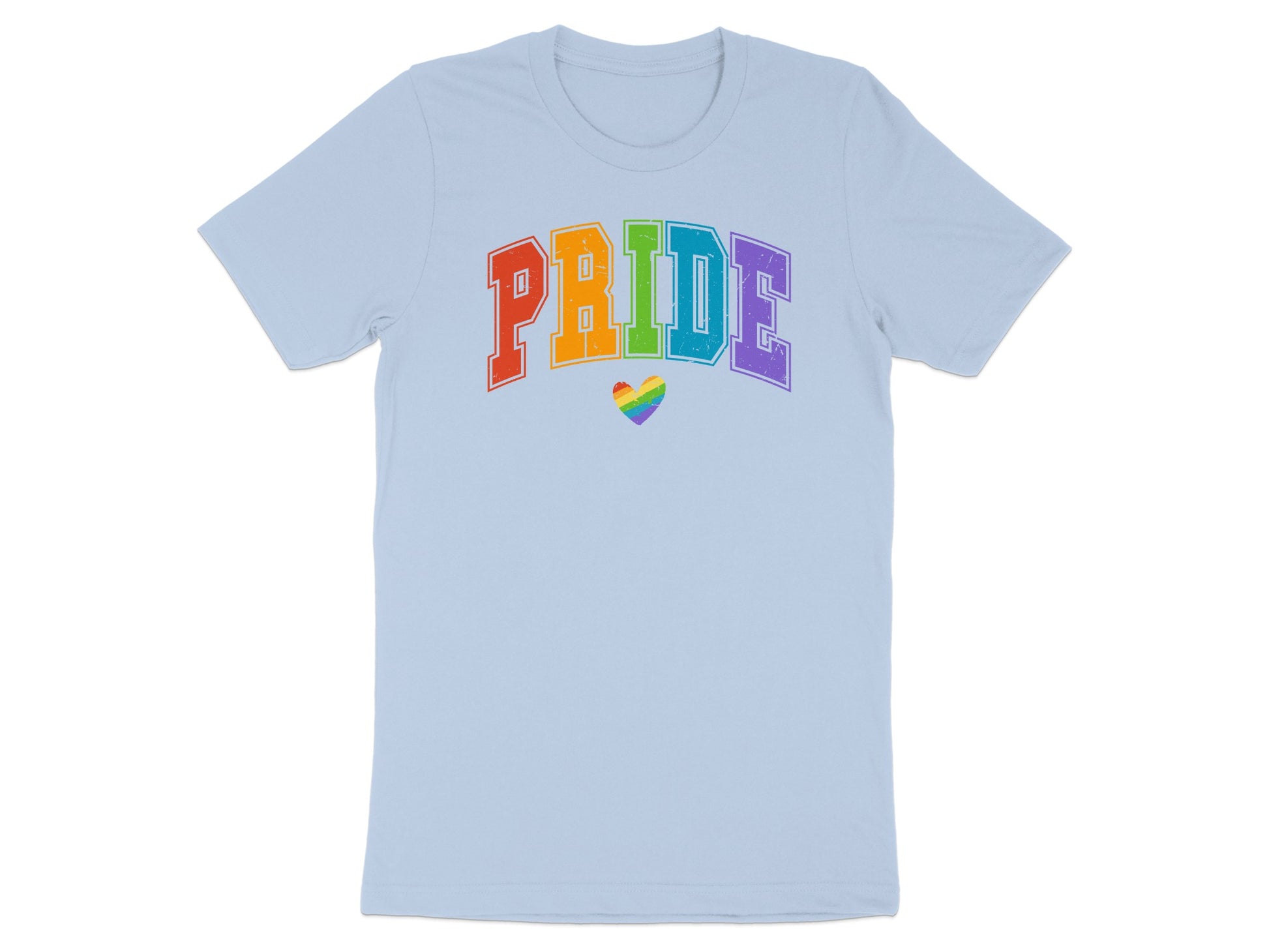 Light blue t-shirt with rainbow "PRIDE" text and a heart emblem.