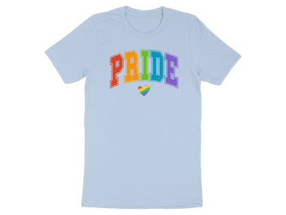 Light blue t-shirt with rainbow "PRIDE" text and a heart emblem.