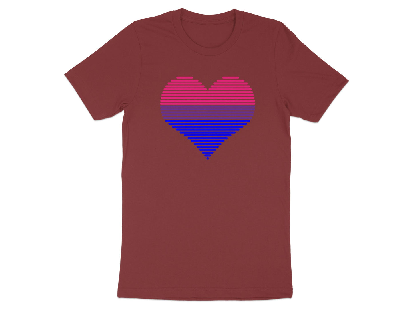 Maroon t-shirt with a stylized, horizontally striped bisexual pride heart graphic.
