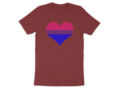 Maroon t-shirt with a stylized, horizontally striped bisexual pride heart graphic.