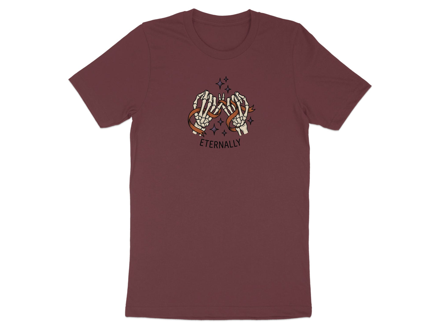 Maroon t-shirt with skeleton hands pinky promising with ribbon and text "Eternally".