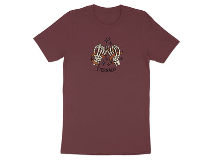 Maroon t-shirt with skeleton hands pinky promising with ribbon and text "Eternally".