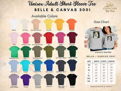 Unisex adult short sleeve Bella + Canvas 3001 tee with many color options and size chart.