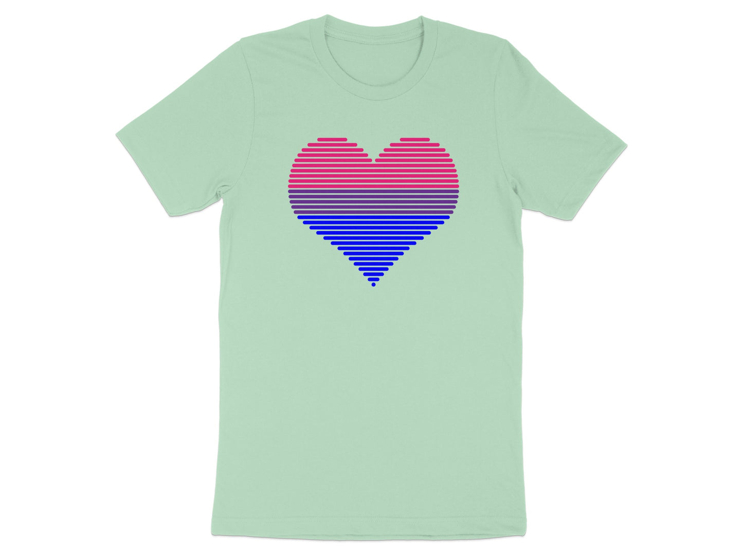 Bisexual pride heart flag design on a pale green t-shirt.